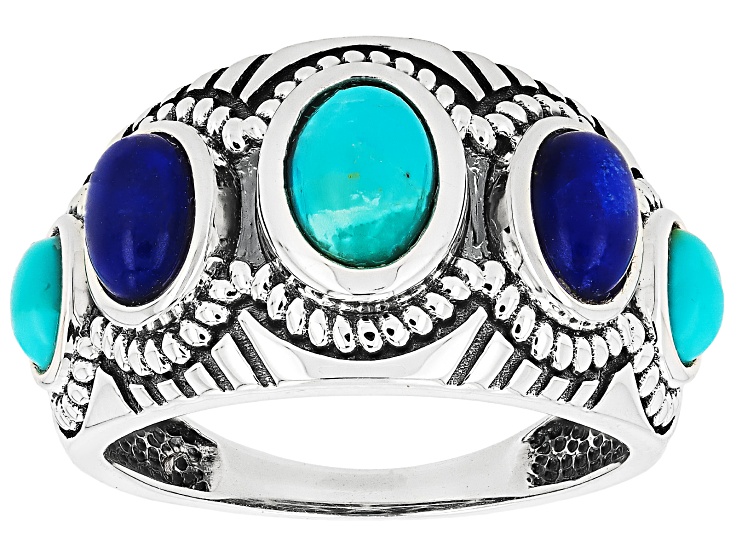 Pre-Owned Blue Composite Turquoise & Lapis Oxidized Sterling Silver 5-Stone Ring, 7x5mm