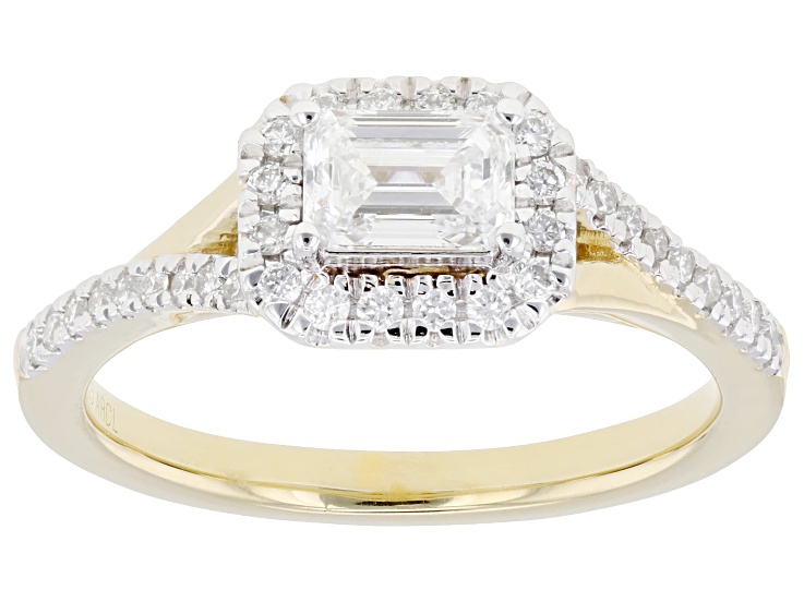 Pre-Owned Emerald Cut and Round Lab-Grown Diamond F-G VS 14K Yellow Gold Over Sterling Silver Halo R
