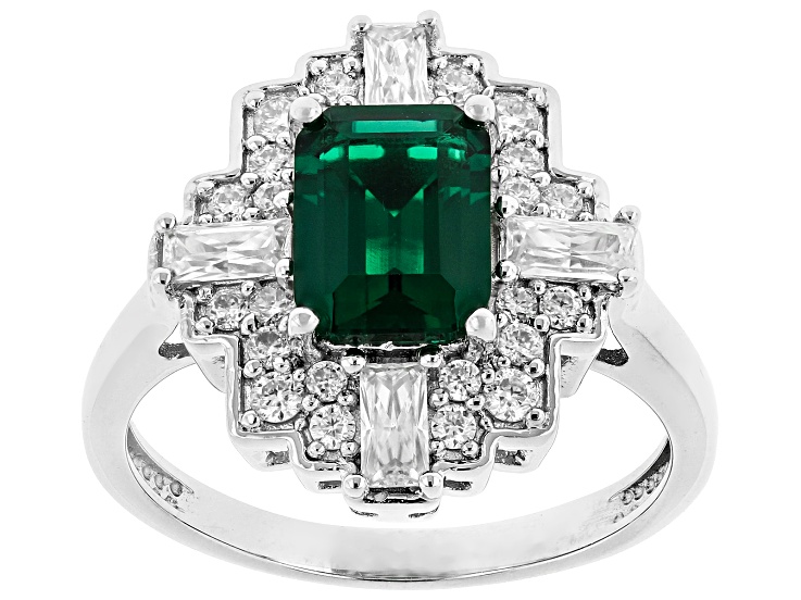Pre-Owned Lab Created Green Emerald with White Moissanite Rhodium Over Sterling Silver Ring 1.88ctw
