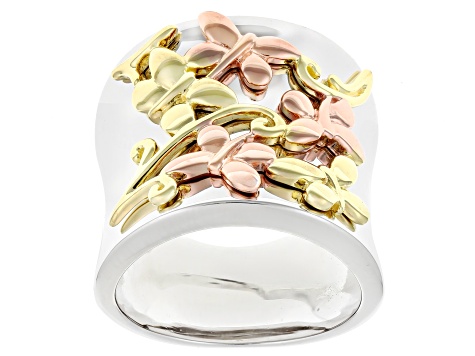 Pre-Owned Rhodium Over Sterling Silver, 18k Gold Over Sterling Silver Tri-Color Ring