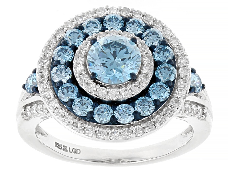 Pre-Owned Blue and White Lab-Grown Diamond H SI1 Rhodium Over Sterling Silver Halo Ring 2.00ctw