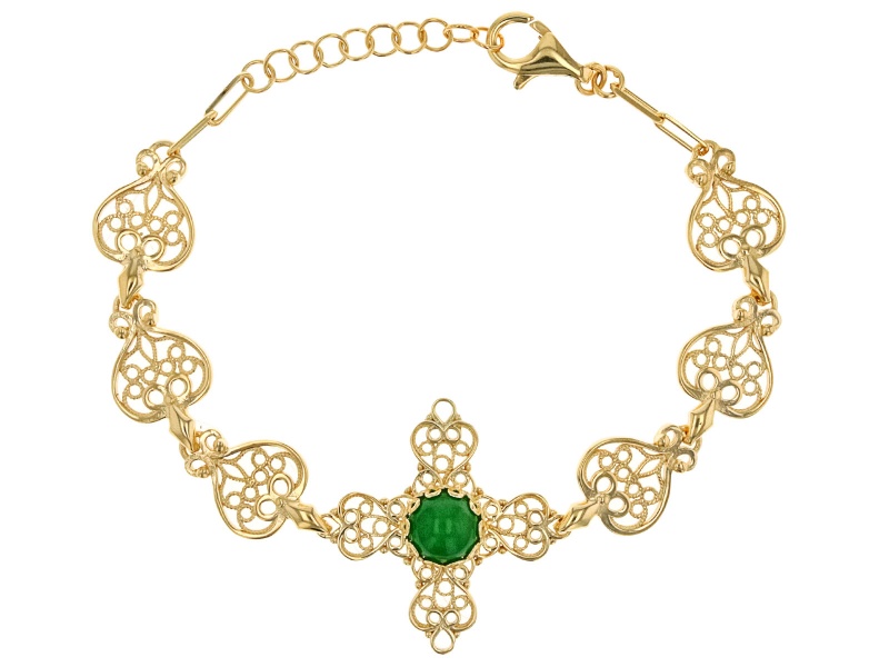 Pre-Owned Green Jadeite 18K Yellow Gold Over Sterling Silver Cross Bracelet 8mm