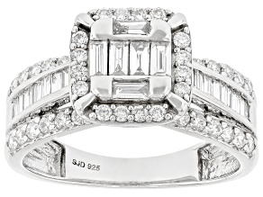 Pre-Owned Round and Baguette White Lab-Grown Diamond G-H SI Rhodium Over Sterling Silver Ring 1.00ct