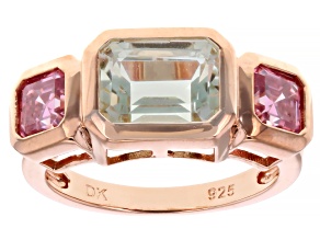 Pre-Owned Prasiolite With Pink Moissanite 18k Rose Gold Over Sterling Silver Ring 2.98ctw