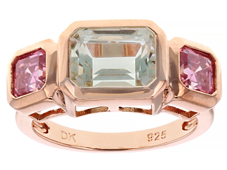Pre-Owned Prasiolite With Pink Moissanite 18k Rose Gold Over Sterling Silver Ring 2.98ctw
