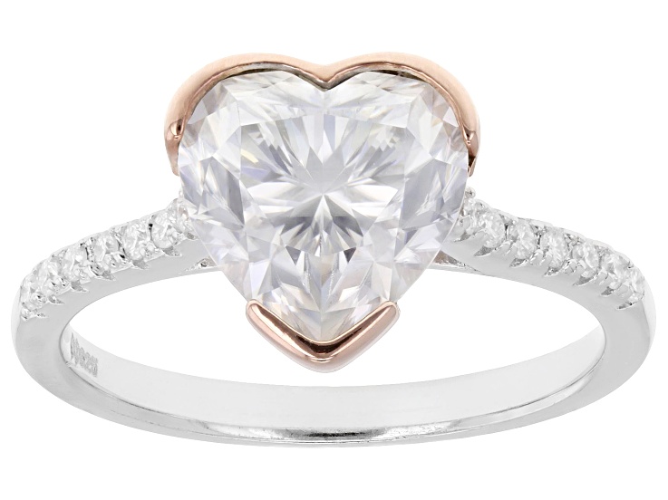 Pre-Owned Moissanite Heart and Round Platineve and 14k Rose Gold Over Silver Engagement Ring 2.84ctw