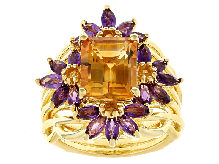 Pre-Owned Golden Citrine 18k Yellow Gold Over Sterling Silver Ring With Ring Guard Set 4.95ctw