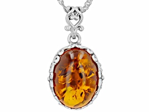 Pre-Owned Amber Sterling Silver Solitaire Pendant With Chain