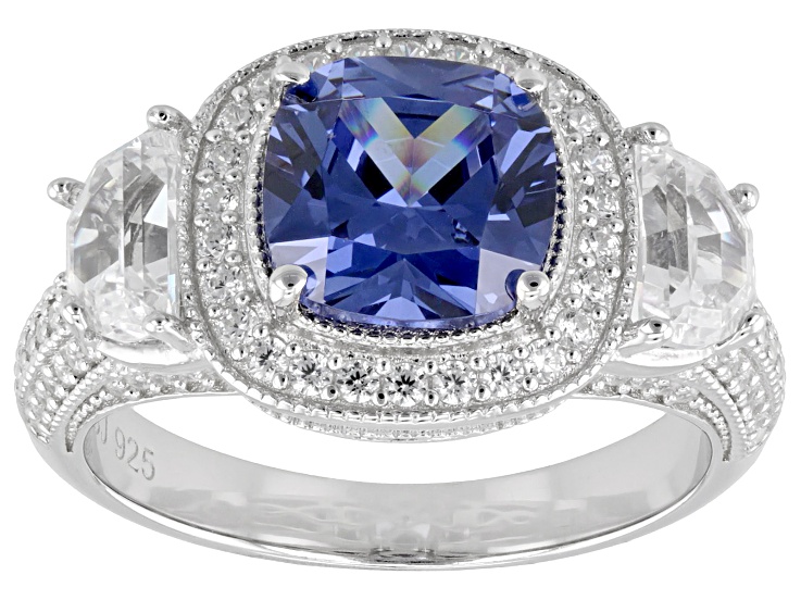 Pre-Owned Blue And White Cubic Zirconia Rhodium Over Sterling Silver Ring 6.65ctw
