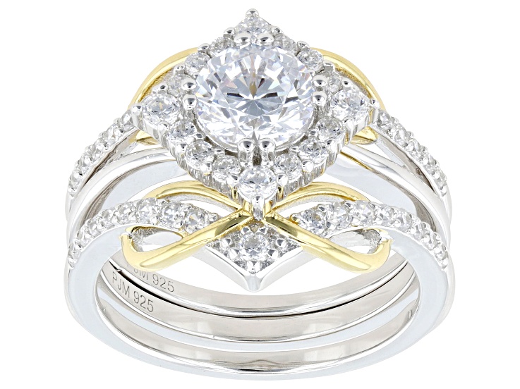 Pre-Owned White Cubic Zirconia Rhodium And 18k Yellow Gold Over Sterling Silver Ring Set 3.11ctw