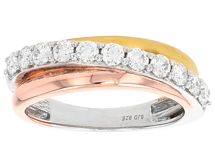 Pre-Owned Moissanite Platineve With 14k Yellow And Rose Gold Over Silver Crossover Ring 0.66ctw DEW