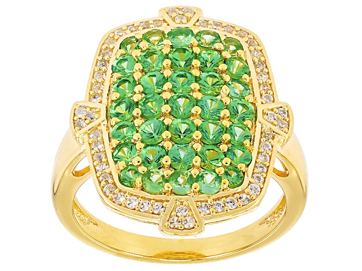 Pre-Owned Green Tsavorite Garnet With White Zircon 18K Yellow Gold Over Sterling Silver Cluster Ring