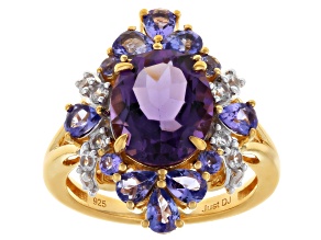 Pre-Owned Canela Amethyst With Tanzanite & White Zircon 18k Yellow Gold Over Sterling Silver Ring 3.