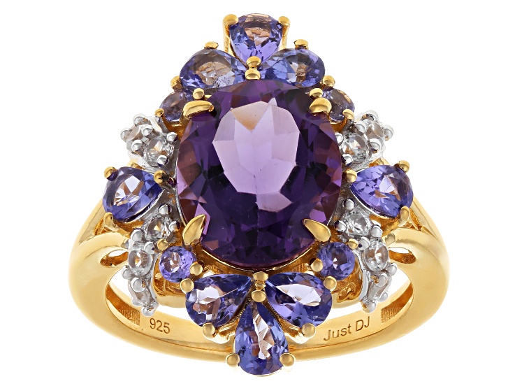 Pre-Owned Canela Amethyst With Tanzanite & White Zircon 18k Yellow Gold Over Sterling Silver Ring 3.