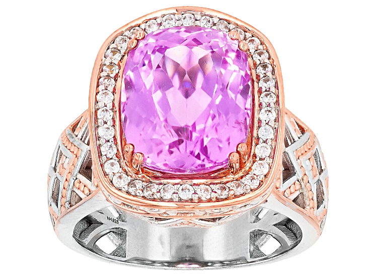Pre-Owned Kunzite With White Zircon Rhodium And 18k Rose Gold Over Palladium Sterling Silver Ring 7.