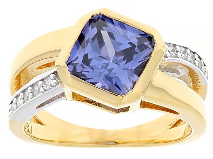 Pre-Owned Blue And White Cubic Zirconia 18k Yellow Gold Over Sterling Silver Ring 3.98ctw