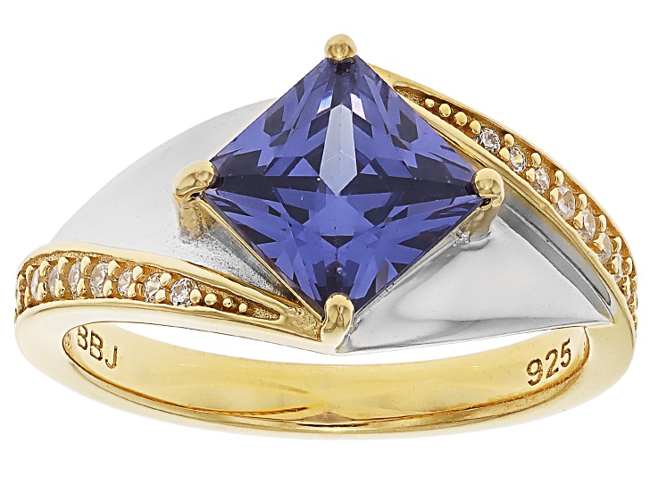Pre-Owned Blue And White Cubic Zirconia 18k Yellow Gold And Rhodium Over Sterling Silver Ring 3.09ct
