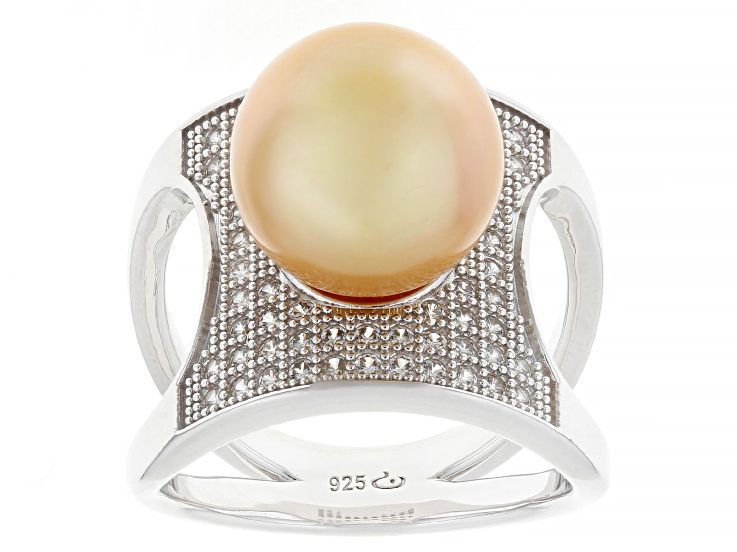Pre-Owned Golden Cultured South Sea Pearl With White Topaz Rhodium Over Sterling Silver Ring