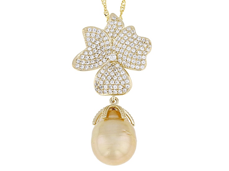 Pre-Owned Golden Cultured South Sea Pearl With Zircon 18k Yellow Gold Over Sterling Silver Pendant W
