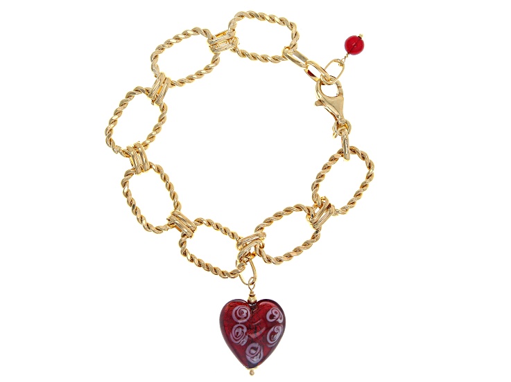 Pre-Owned 18k Yellow Gold Over Sterling Silver Red Swirl Murano Glass Heart Charm Bracelet