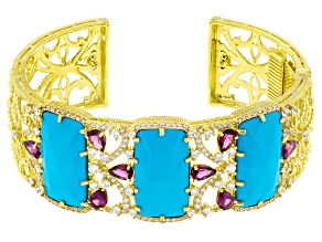 Pre-Owned Judith Ripka Turquoise Simulant, Rhodolite & Cubic Zirconia 14k Gold Clad Allegria Cuff Br