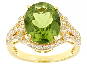 Pre-Owned Peridot With White Zircon 18k Yellow Gold Over Sterling Silver Ring 6.65ctw