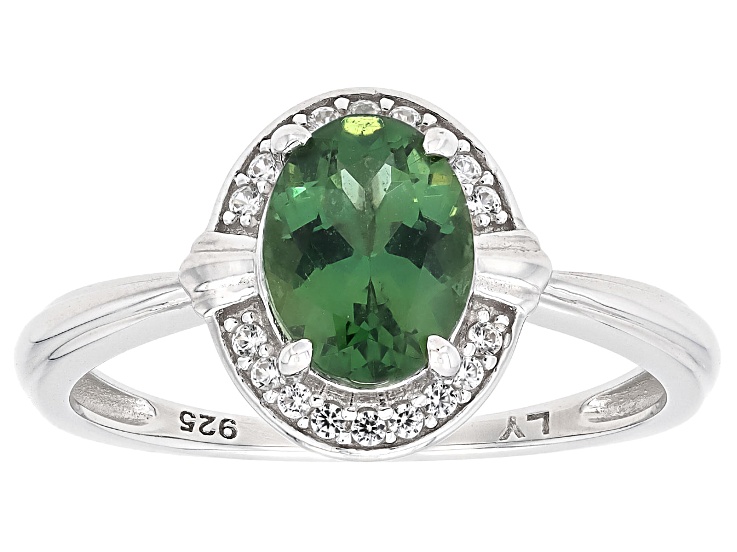 Pre-Owned Olive Green Apatite with White Zircon Rhodium Over Sterling Silver Ring 1.15ctw