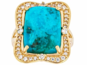 Pre-Owned Blue Composite Kingman Turquoise With White Zircon 18k Yellow Gold Over Silver Ring .55ctw