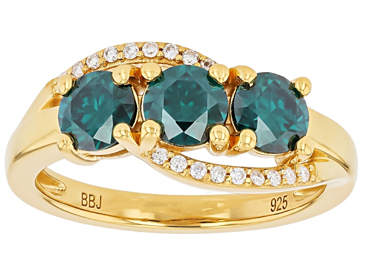 Pre-Owned Green And Colorless Moissanite 14K Yellow Gold Over Silver 3 Stone Ring 1.68ctw DEW