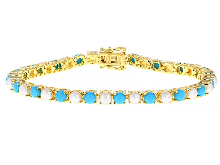 Pre-Owned Sleeping Beauty Turquoise With Cultured Freshwater Pearl 18k Yellow Gold Over Silver Brace