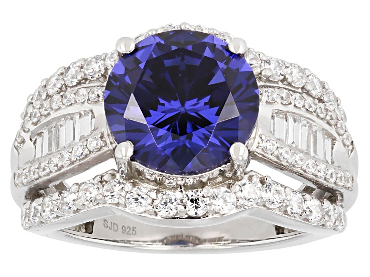 Pre-Owned Blue And White Cubic Zirconia Rhodium Over Sterling Silver Ring 7.10ctw