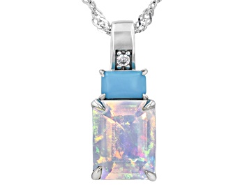 Picture of Pre-Owned White Ethiopian Opal Rhodium Over Sterling Silver Pendant with Chain 1.37ctw