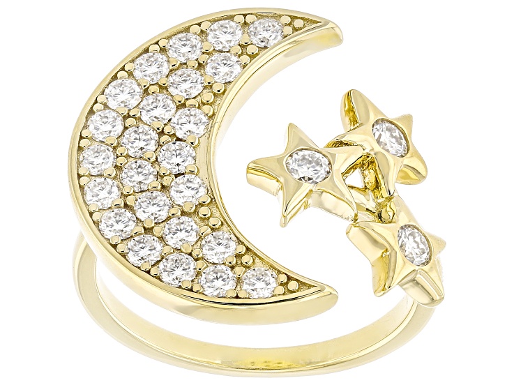Pre-Owned Moissanite 14k Yellow Gold Over Silver Moon And Star Ring 0.93ctw DEW.