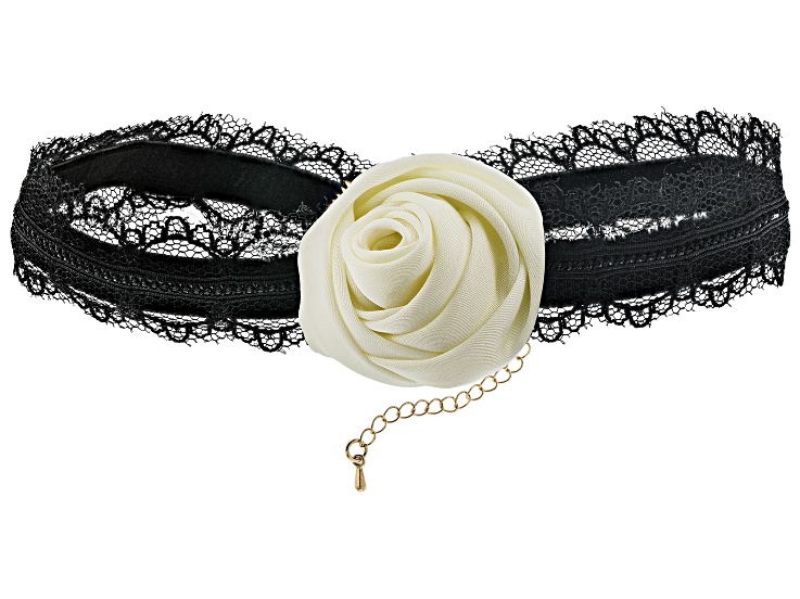 Pre-Owned Ivory Satin Rosette With Black Velvet & Lace Gold Tone Choker Necklace