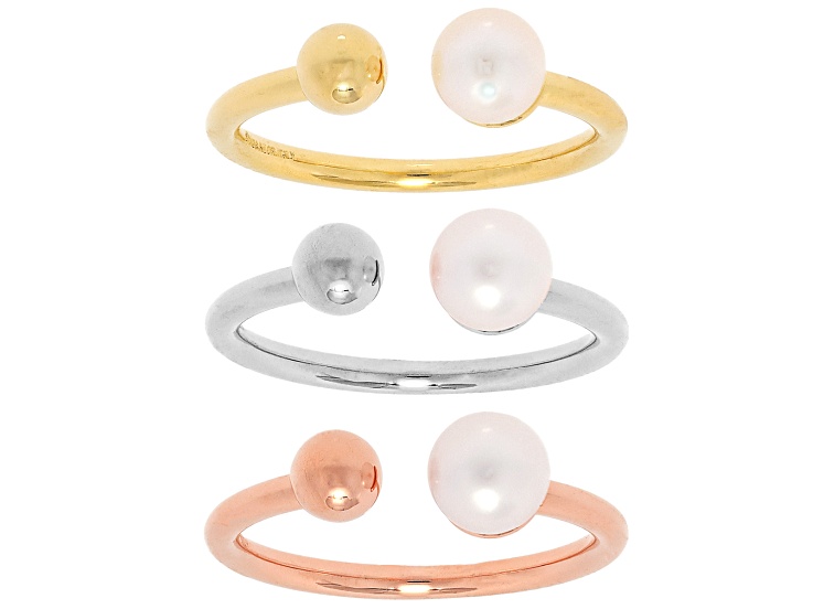 Pre-Owned White Cultured Freshwater Pearl 18k Yellow Gold And Rhodium Over Bronze Ring Set of 3