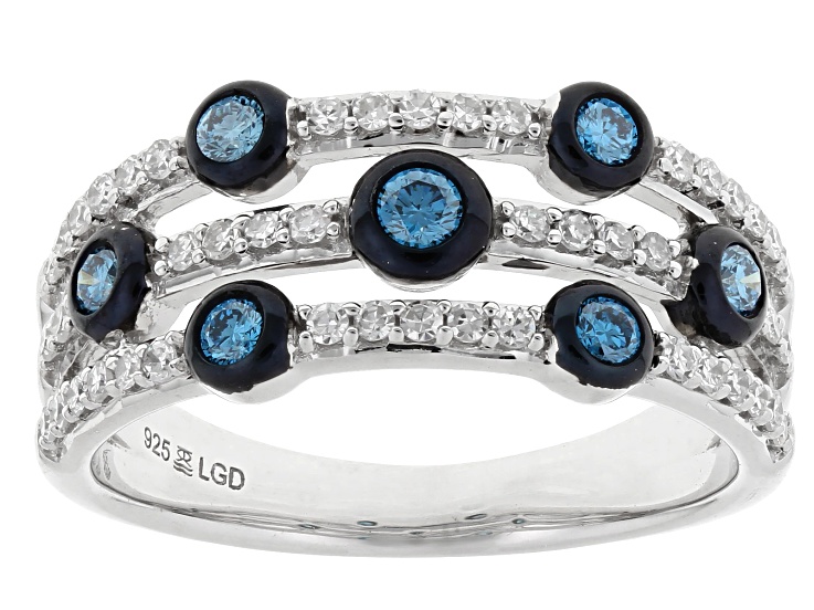 Pre-Owned Blue and White Lab-Grown Diamond G SI2 Rhodium Over Sterling Silver Ring 0.50ctw