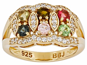 Pre-Owned Multi Color Tourmaline With White Zircon 18k Yellow Gold Over Sterling Silver Ring 0.97ctw