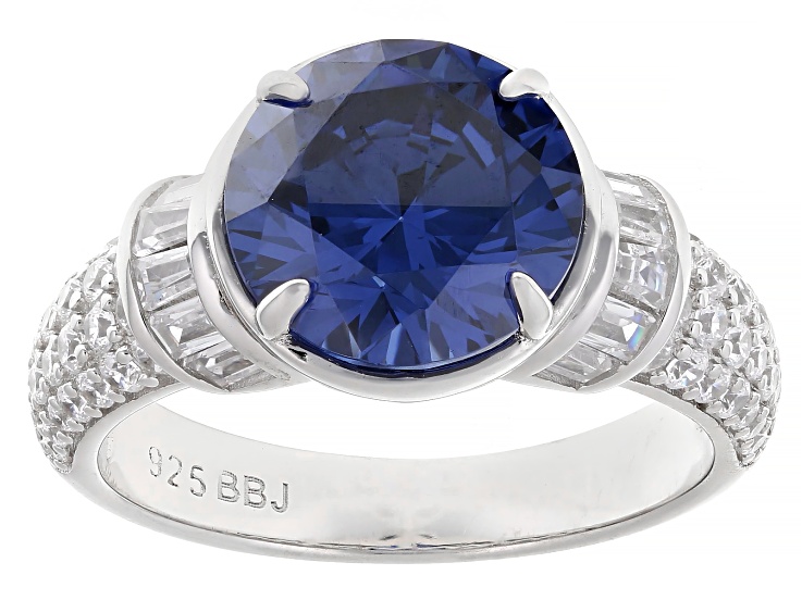 Pre-Owned Blue And White Cubic Zirconia Rhodium Over Sterling Silver Ring 8.23ctw
