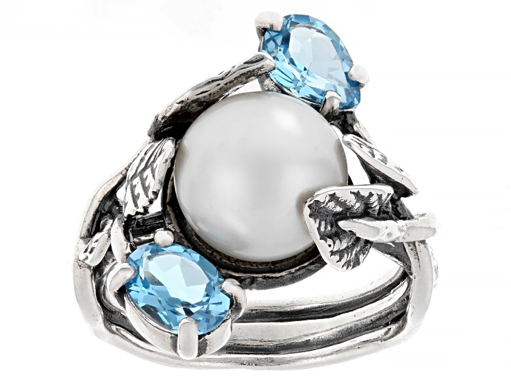 Pre-Owned 10-10.5mm Cultured Freshwater Pearl & Swiss Blue Topaz Sterling Silver Ring 2.10ctw