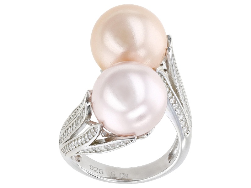 Pre-Owned Pearlfection® Kasumiga Simulant With Cubic Zirconia Rhodium Over Sterling Silver Ring