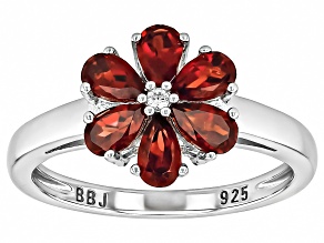 Pre-Owned Red Garnet Rhodium Over Sterling Silver Flower Ring 1.80ctw