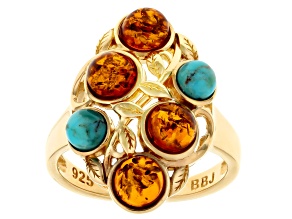 Pre-Owned Amber With Composite Turquoise 18k Yellow Gold Over Sterling Silver Ring