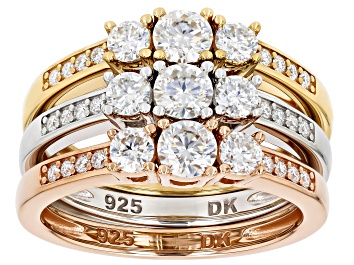 Picture of Pre-Owned Moissanite Set of Three Rings In Platineve And 14k Yellow And Rose Gold Over Silver 1.53ct