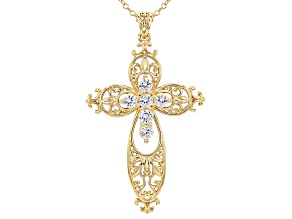 Pre-Owned White Lab Created Sapphire 18k Yellow Gold Over Brass Cross Pendant With Chain 1.53ctw