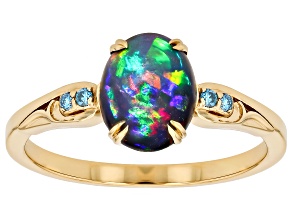 Pre-Owned Black Ethiopian Opal With Blue Lab Grown Diamond 18k Yellow Gold Over Sterling Silver Ring
