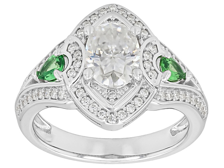 Pre-Owned Colorless Moissanite with Green Tsavorite Platineve Ring 2.14ctw DEW