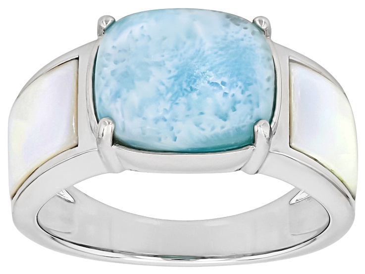 Pre-Owned Blue Larimar With White Mother-Of-Pearl Rhodium Over Sterling Silver Ring