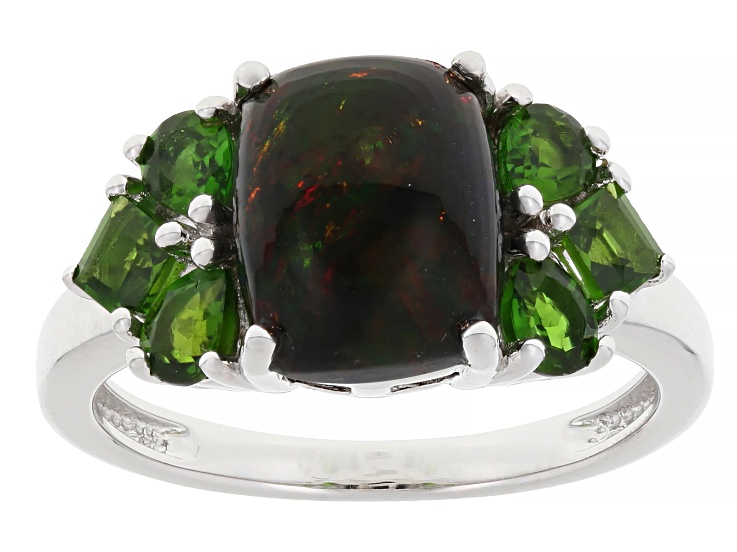 Pre-Owned Black Ethiopian Opal With Chrome Diopside Rhodium Over Sterling Silver Ring 0.79ctw