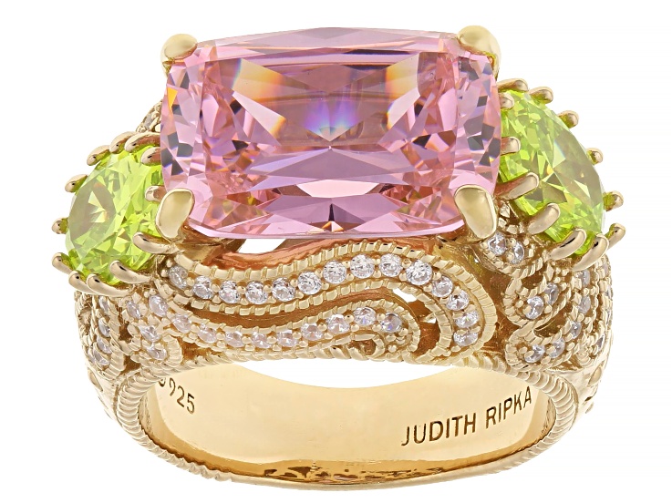 Pre-Owned Judith Ripka Pink & Apple Green Cubic Zirconia 14k Gold Clad Printemps Ring 24.07ctw