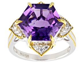 Pre-Owned Hexagon Canela Amethyst Rhodium and 18K Yellow Gold Over Silver Ring 5.28ctw